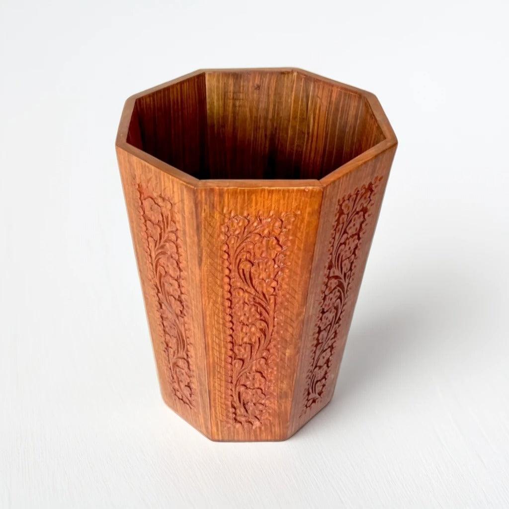 Carved Wooden Dustbin - wcspk