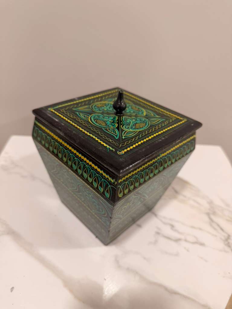 Handcrafted Square Lacquer Decorative Box with Lid - Hand-Painted Floral Keepsake Organizer - Traditional Artisan Wooden Jewelry & Trinket Box - Ethnic Tabletop Decor Accent