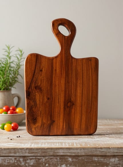 Wooden cutting board with handle on a wooden surface with fruits and a plant in the background.