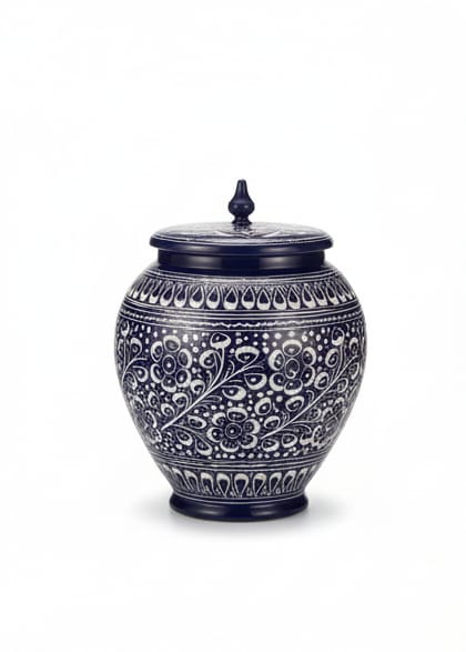 Hand-Painted Ceramic Ginger Jar with Lid – Decorative Black & White Storage Jar, Traditional Art Design for Home Décor, Living Room, Kitchen or Shelf Display