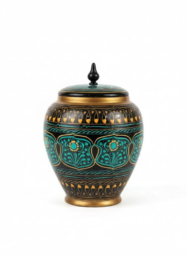Handcrafted Artisan Decorative Ceramic Vase with Removable Lid - Exquisite Blue & Gold Floral Pattern - Bohemian Style Lidded Jar for Living Room, Shelf, or Mantel Decor