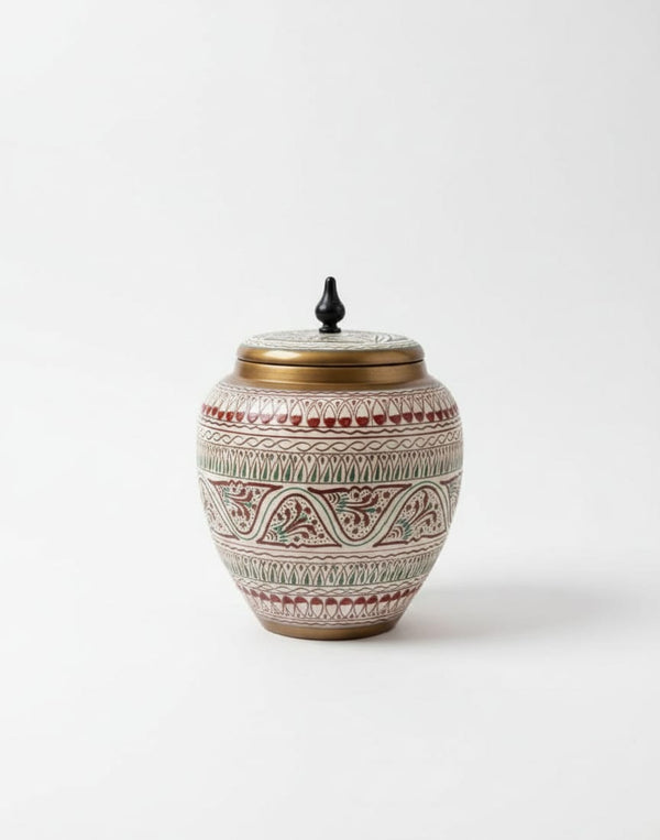 Handcrafted Artisan Lidded Jar - Red & Gold Floral Decorative Vase - Bohemian Style Ethnic Home Accent - Vintage-Inspired Hand-Painted Ornament