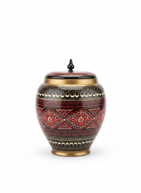 Handcrafted Lacquer Art Decorative Jar with Finial Lid - Rich Red & Black Hand-Painted Floral Design - Ethnic Decorative Vase & Storage Pot - Vintage-Style Ornament for Living Room Decor