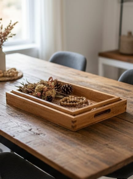 Decorative Wooden Tray Set with Traditional Brass Work (Set of 3)