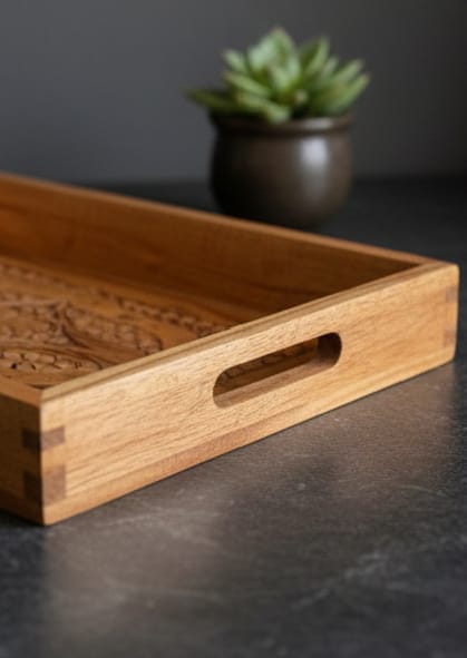 Decorative Wooden Tray Set with Traditional Brass Work (Set of 3)