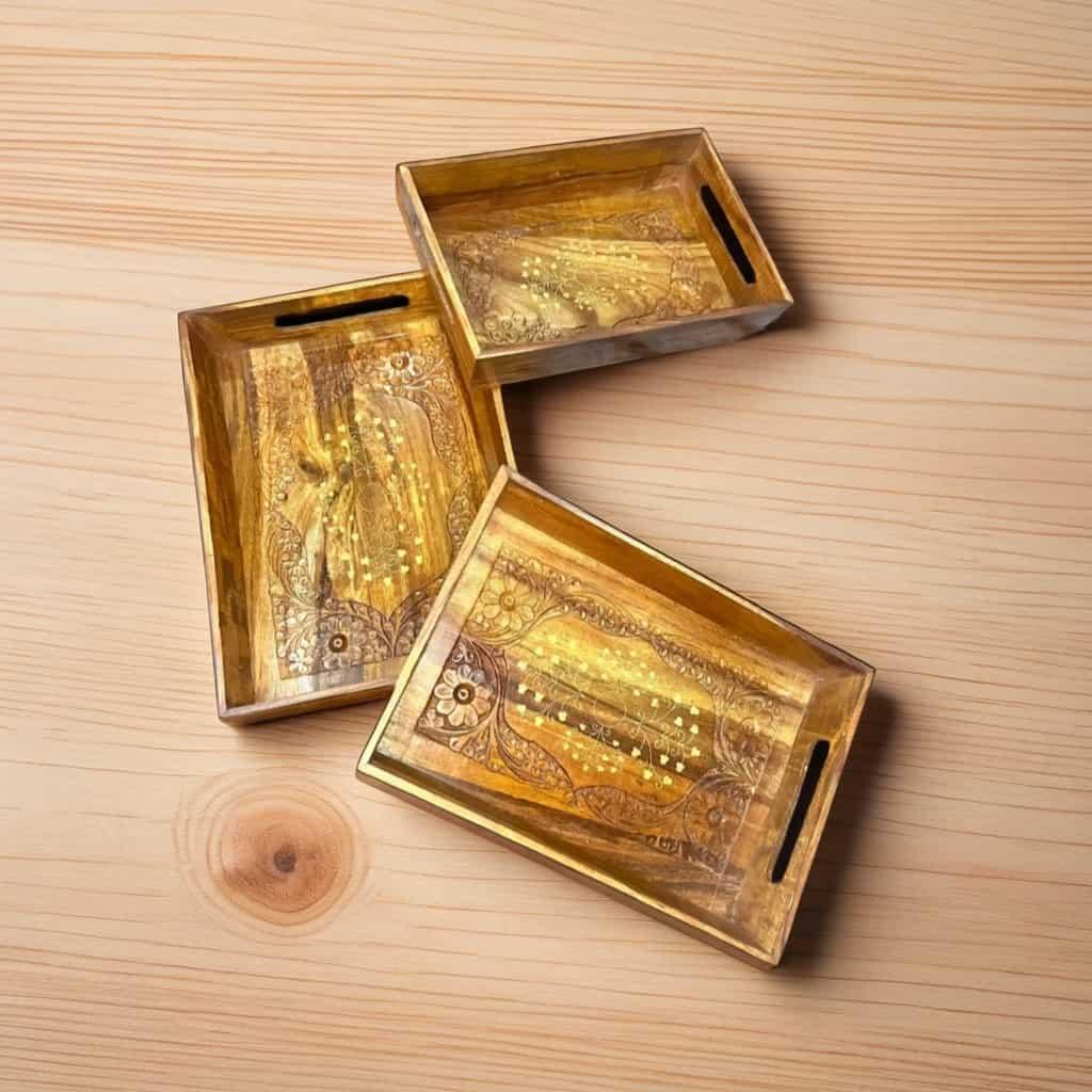 Wooden Tray Set – Brass & Carved - wcspk