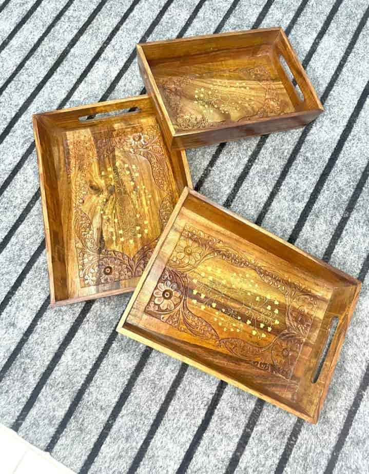 Wooden Tray Set – Brass & Carved - wcspk