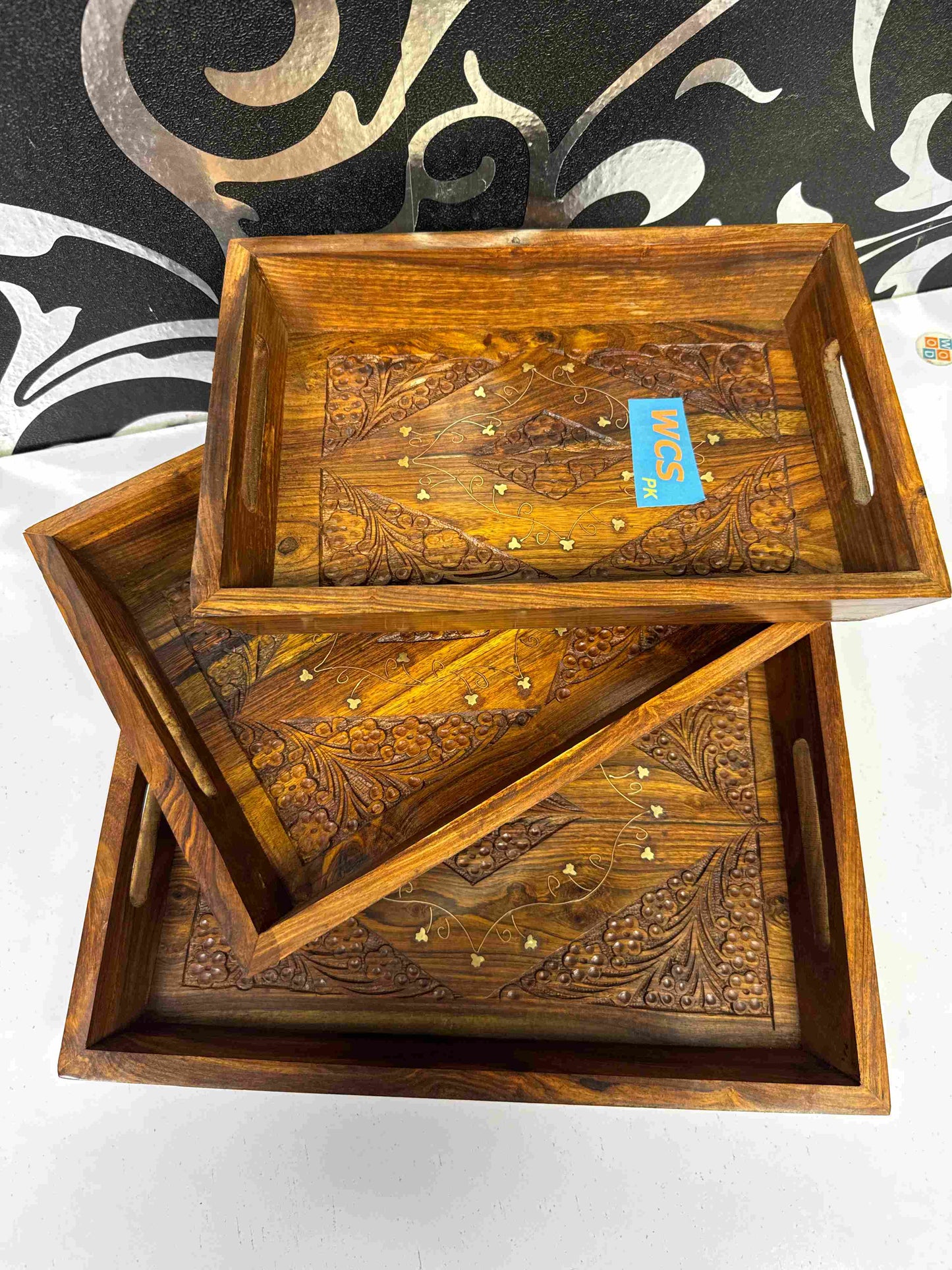 Wooden brass tray set of 3